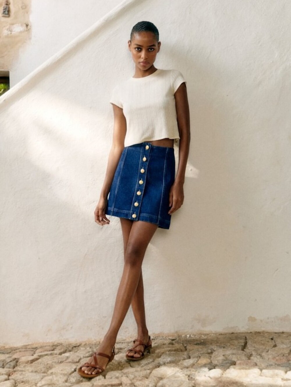 Sezane Savine Classic Dark Blue Denim Button-Front Skirt